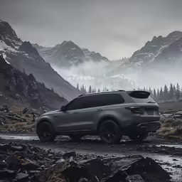 a suv driving down the road with mountains in the background