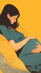 a pregnant woman sitting on a couch, looking down,the pregnant woman is holding her baby bump