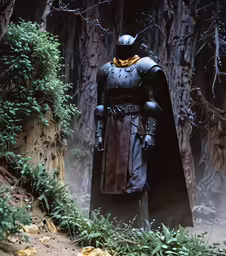 the man in a knight outfit stands near a grove