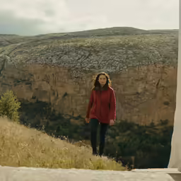 a person wearing a red jacket standing at the edge of a cliff