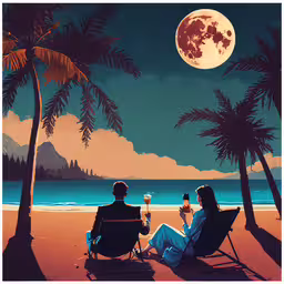 a couple enjoys a drink on the beach with palm trees,couple sitting at the beach drinking wine under the moonlit moonlight