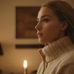 a woman looking down while wearing a sweater