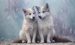 two gray and white husky dogs sitting next to each other