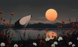 this painting shows an umbrella laying by the water with the sun rising