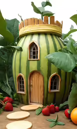 a green watermelon house surrounded by fruit