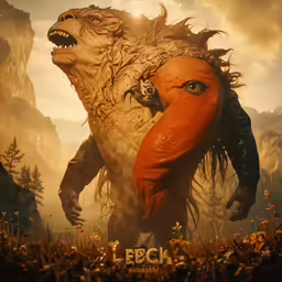 a large monster with hair standing in the middle of a field