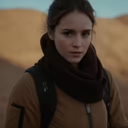 a beautiful young woman in a camel colored coat wearing a brown scarf and looking into the camera