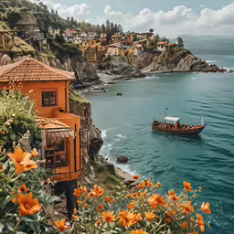 a boat in the water surrounded by some buildings