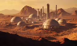 a landscape of some sort with several structures and mountains in the distance