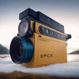 a yellow digital camera that is on display
