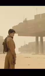 a woman is standing on the sand with a building in the background