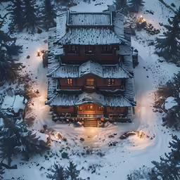 an aerial photo shows the night lights on a large house