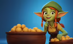 a cartoon of an elf behind baskets of golden balls