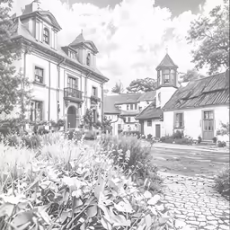 a photo of an old style building in black and white