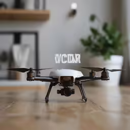 a flying camera on a table that has the words vcclair spelled in white letters