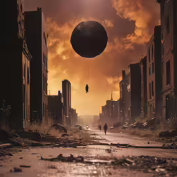an object is being lifted on strings near a destroyed city street