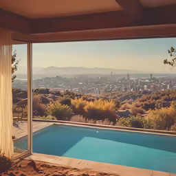 the view of a city from a pool area