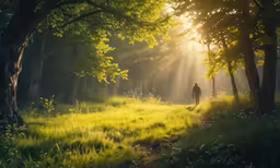 a person standing on a path through the woods