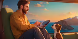 a man with beard sitting next to his dog and writing on a piece of paper,man sitting on a train looking out over a mountain range with his dog