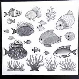 fish are displayed in black and white on the wall,a drawing of sea creatures is shown in black and white