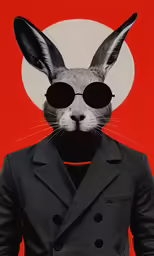 a rabbit wearing sunglasses is standing in front of a red background