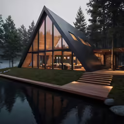 a modern home on stilts overlooks the water