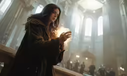a woman in a black coat holds a glowing item
