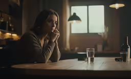 a woman is at a table looking at the camera