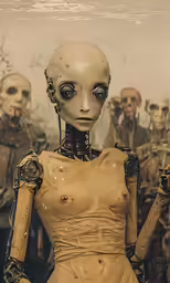 a robot is in a dress and holding two arms