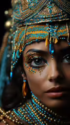 a woman wearing blue makeup and a headpiece,a woman in gold and turquoise costume with face makeup