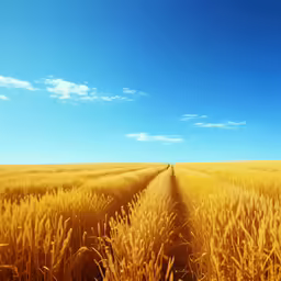 long golden wheat field with the blue sky in the background