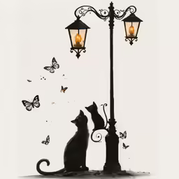 a black cat looking at butterflies on a light pole