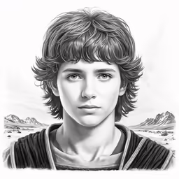 a black and white portrait of a boy with wavy hair