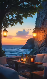 the sun is setting over a rocky cliff by the water