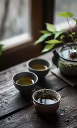 tea is being served on wooden surface with potted plant