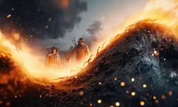 an image of two people riding a horse through fire