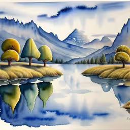 a painting of trees next to a lake,there is a painting that is very colorful