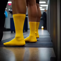 two men standing next to each other on a floor with yellow socks