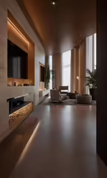 a large living room with a television on the wall