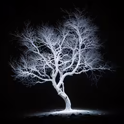 a white tree with white bark stands on the snow