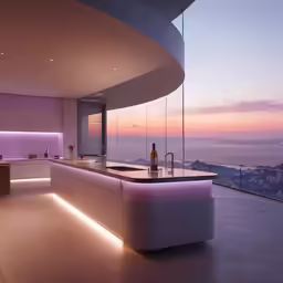 an island sits between the windows with a sink under it