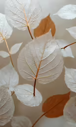 the underside of a leaf with water droplets and gold colored leaves