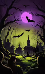 two people watch a scary halloween scene at night