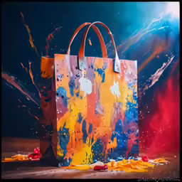 a colorful bag is displayed on the ground