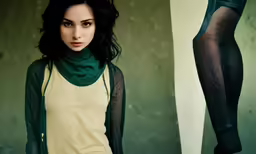 a woman with long dark hair is wearing sheer pants