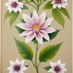 a pink flower on top of leaves next to a brown wall