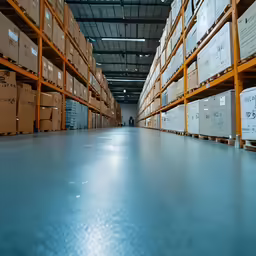 an industrial warehouse with shelves full of boxes