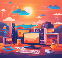 an illustration of an assortment of computer equipment,various devices, computers and speakers sitting on top of a desk
