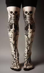 womans tights with black and white designs on them