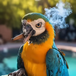 a colorful bird sitting on a pole by the pool